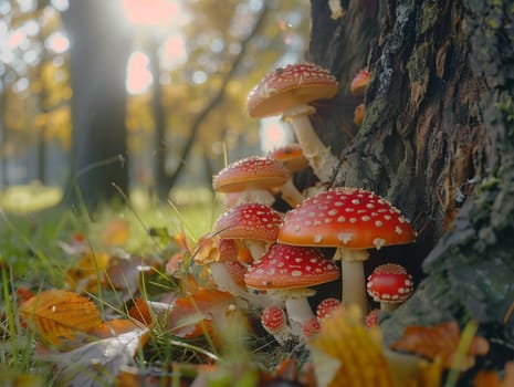 Red and white spotted fly agaric mushrooms growing in the grass by a tree trunk, illuminated by warm sunlight shining through the trees