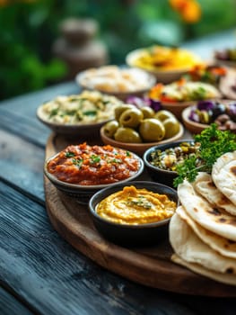 Ramadan feast arrangement with pita bread and olives for festive decoration.
