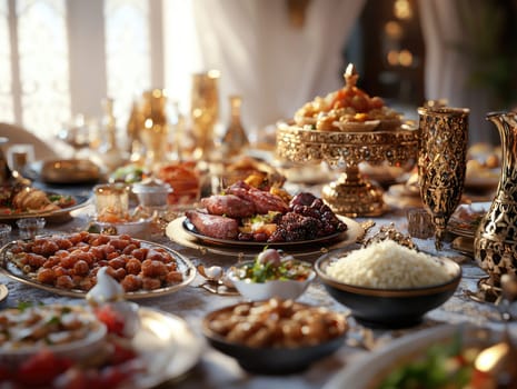 Elegant iftar feast with traditional dishes and luxurious table setting for Ramadan celebration.