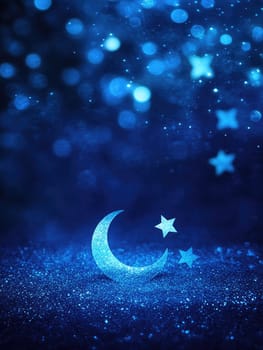 Decorative crescent moon and star icons on a dark glittering blue background for festive design.