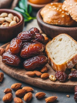Festive spread with dates, nuts, and fresh bread for celebration feasts.
