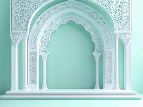 Traditional Moroccan arch in white with intricate details on pastel green background for architectural design inspiration.