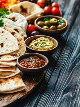Decorative Ramadan food spread with pita bread and olives for festive celebration.