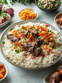 Decorative Ramadan feast with rice and grilled delicacies.