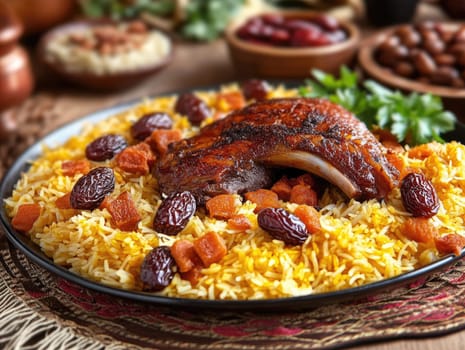 Traditional iftar spread with rice, meat, dates, and aromatic spices.
