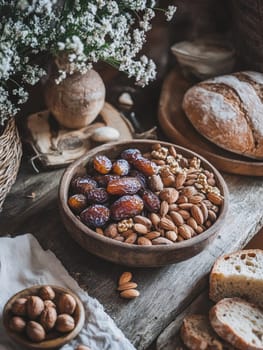 Rustic festive spread with dates, nuts, and fresh bread for holiday gatherings.