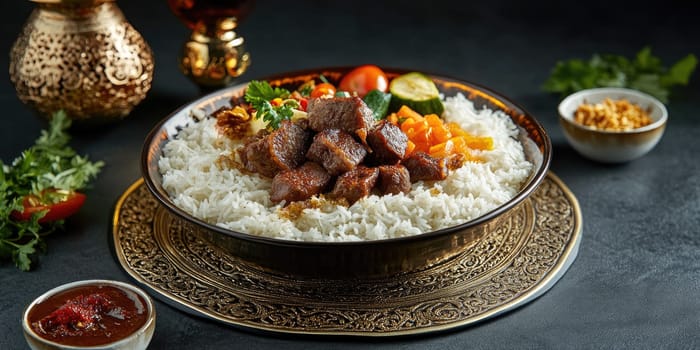 Festive Ramadan meal with a large bowl of rice and assorted dishes for celebration.