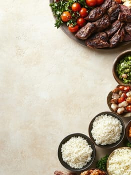 Decorative arrangement of Ramadan dishes featuring rice and grilled meat for festive celebrations.