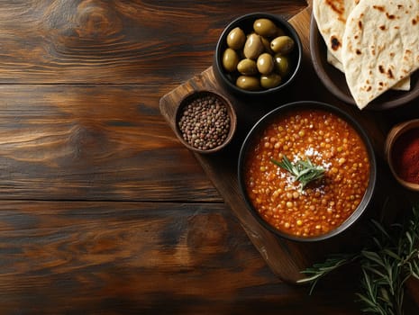 Rustic dining scene with lentil soup and pita bread on wooden table.