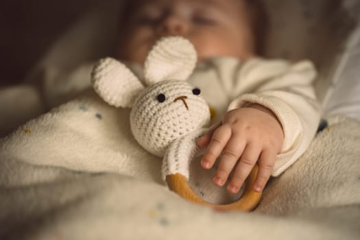 Sleeping newborn baby with a soft bunny toy under the blanket in warm, cozy sunlight. Childhood and parenting concept. High quality photo