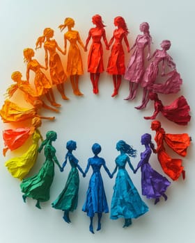 Gradient-colored paper-cutout women holding hands in a circular pattern, symbolizing women's unity and empowerment. Room for text