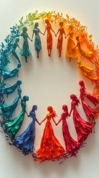 Circular arrangement of paper-cutout women in vibrant colors, surrounded by foliage, symbolizing unity, growth, and empowerment. Room for text
