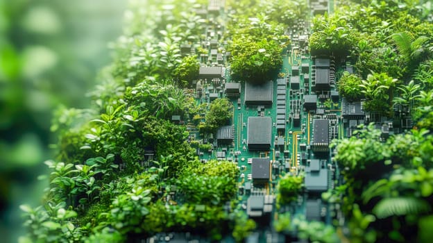 A beautifully designed circuit board overtaken by green plants and moss, showcasing the concept of eco-friendly technology and nature resilience. Text overlay space included