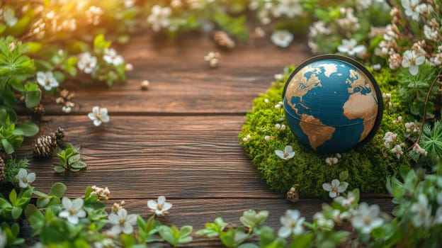 A globe placed on moss, decorated with white flowers and pinecones on a wooden surface, symbolizing harmony between Earth and nature. Text space included