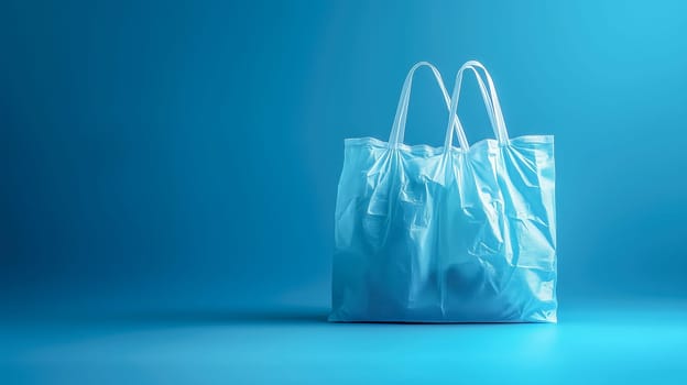 A single reusable shopping bag on a blue backdrop, symbolizing eco-friendly practices and sustainability in modern consumerism. Includes ample space for text for Earth Day campaigns or environmental messages