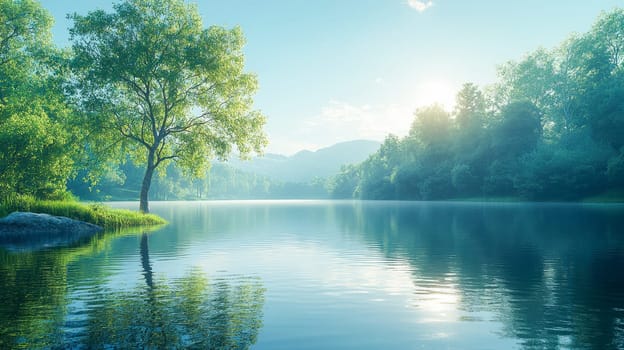 A picturesque single tree by a tranquil lake reflecting sunlight, symbolizing harmony with nature and environmental mindfulness