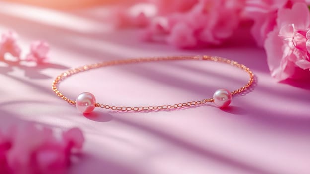 A refined pearl chain necklace with delicate blossoms, set against a soft pink background with gentle light play. Space for text