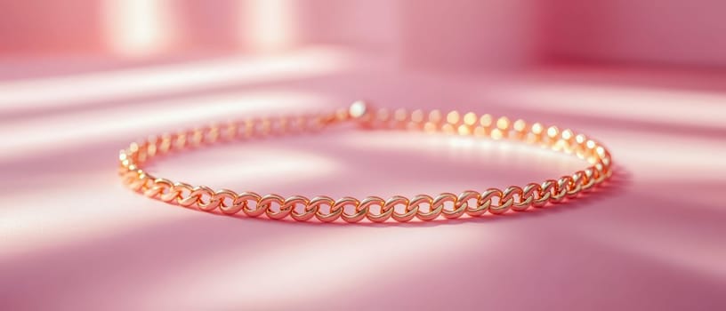 A minimalist rose gold chain bracelet lying on a pastel pink surface, illuminated by soft, natural light, symbolizing elegance. Space for text