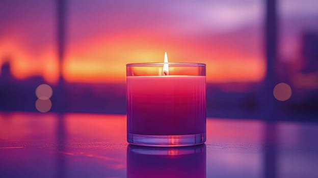 A single glowing candle in a glass holder on a table with a stunning purple and orange sunset in the background