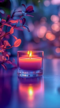 A candle in a glass holder surrounded by decorative leaves and a soft, blurred background with warm tones, creating elegance