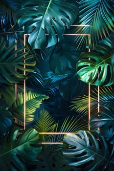 A gold frame is nestled amidst the terrestrial plants leaves, creating a striking contrast with its electric blue feathers. The intricate pattern resembles a piece of art sourced from marine biology