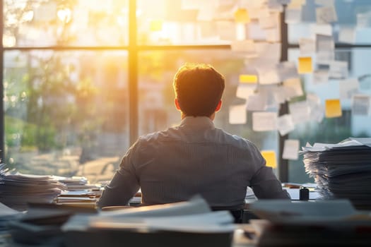 A man in a white shirt works works at an office desk filled with stacks of business papers and documents, in front of a large panoramic window with notes. Rear view