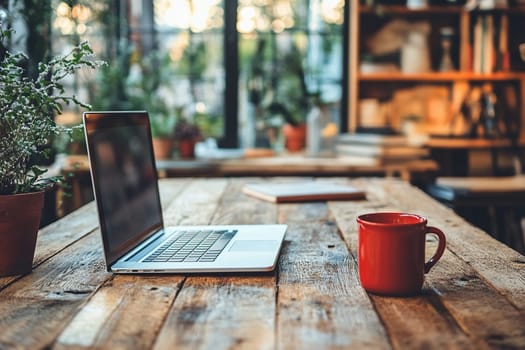 Laptop and red cup on wooden table in cafe or home office.