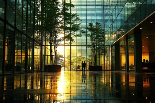 Panorama of a modern stylish office with glass walls and green plants. Sunlight filters through the glass walls.