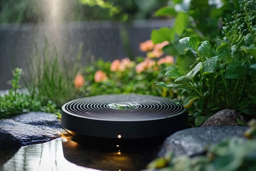 Smart sprinkler for automatic garden irrigation system with modern landscape design.
