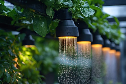 Garden drip irrigation system sensor with backyard landscaping. Landscape design and irrigation technology.