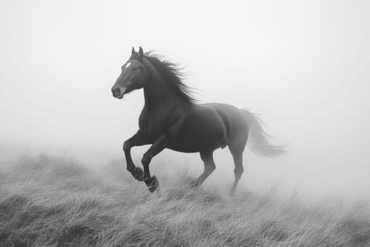 Black and white photo of a wild horse in thick fog in a field.