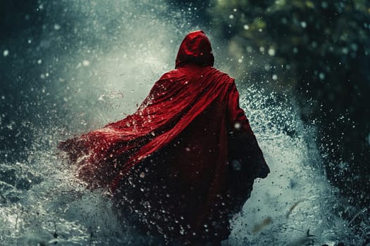 Silhouette of a man in a red hooded cloak against the background of pouring rain.