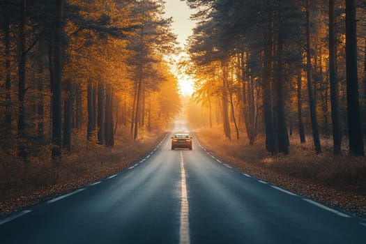 Silhouette of retro car on empty beautiful road surrounded by trees at golden hour.