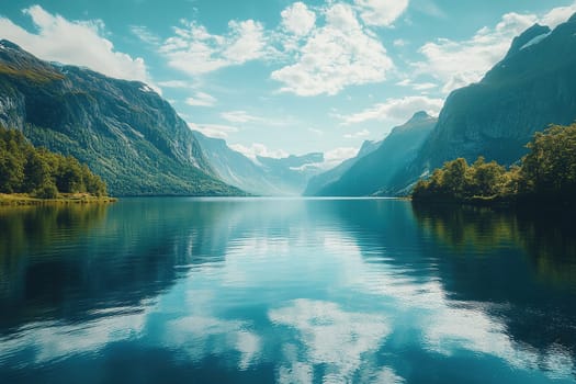 The calm water of the mountain lake reflects the blue sky, white clouds and mountains. Natural mountain scenery that creates a sense of harmony.