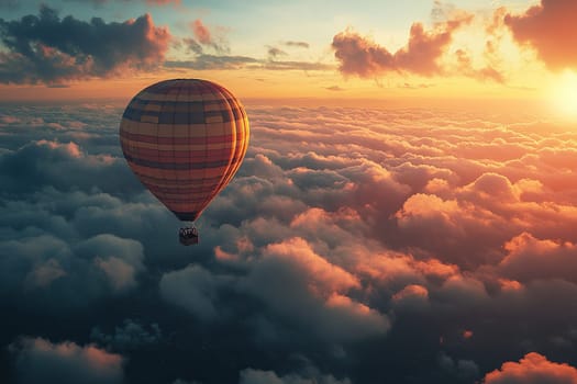 Hot air balloon with a passenger basket above the clouds at sunset.