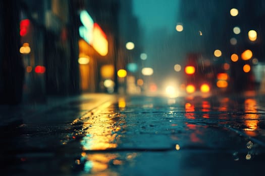 Rainy night in a big city. The illuminated signs of shops and cafes are reflected in the asphalt. View from the sidewalk.