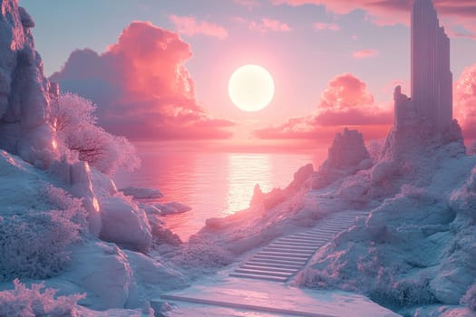 Fantasy landscape with big moon and white rocks over ocean. Pink sky reflected in water