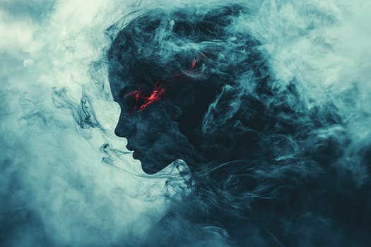 Silhouette of a woman's face in ink clouds or smoke with fiery eyes. Cyber crime concept. Mental health. Darknet.