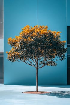 Minimalist photo of bright blue wall and lush green tree in the foreground.