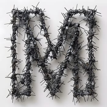 The letter M is formed by a twiglike plant stem with thorns and barbed wire on a white background. This monochrome still life photography captures the intricate pattern of nature