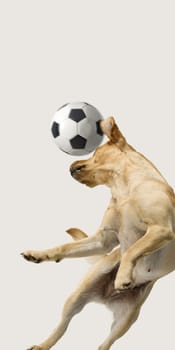 Portrait of Labrador Retriever dog playing soccer isolated  jumping up