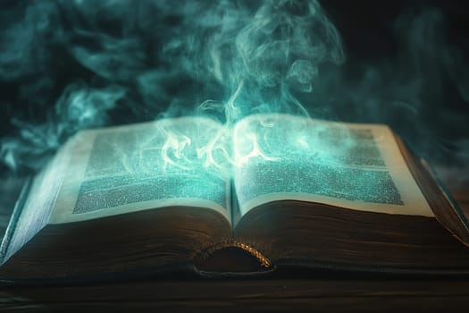 Mystical open book with sparks and smoke in a dark room with dramatic lighting.