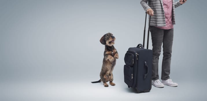 Woman going on vacation and leaving with a trolley case, her dog is sad and staring at her, she is leaving her pet at home alone