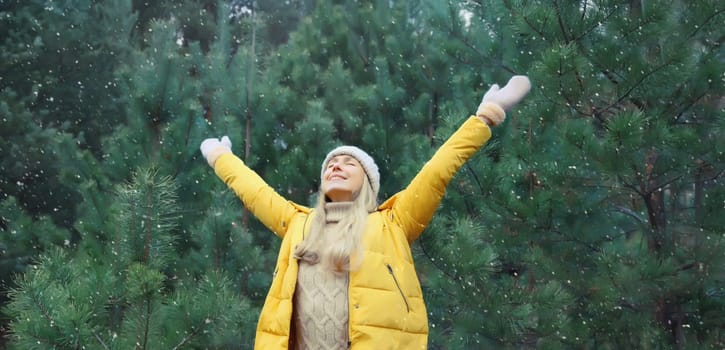 Winter day, happy young woman enjoys snow, warm weather against Christmas tree, joyful girl in hat, yellow jacket raising her hands up in snowy green forest with snowflakes