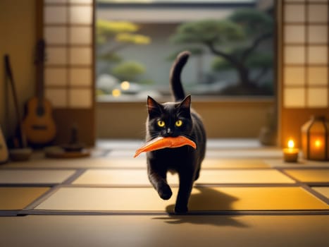 Black cat walking on tatami mats while holding a salmon fillet in its mouth in a traditional japanese house interior with shoji doors and bonsai tree. Ai generated