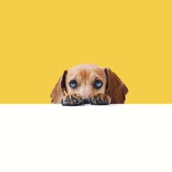 Shy cute Dachshund dog hiding behind a large white sign