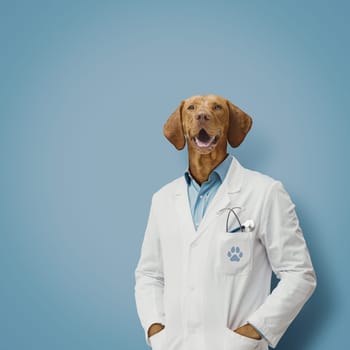 Happy smiling veterinarian with a dog head, pet care concept, copy space