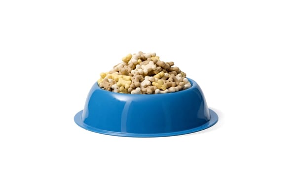 A bowl of dog food on a white background