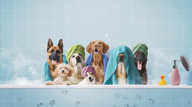 Group of various breeds of dogs having a bath together, dog grooming and hygiene concept, copy space