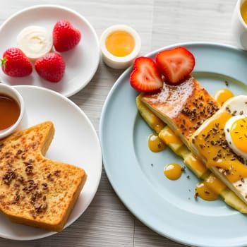 american breakfast food scrambled eggs plates table fruits and juice. High quality photo